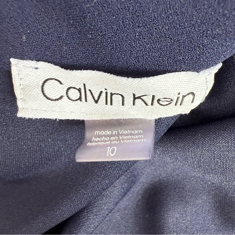 Calvin Klein dress ribbon bow tie up neck detail gold zipper Navy Midi Dress - Picture 10 of 13